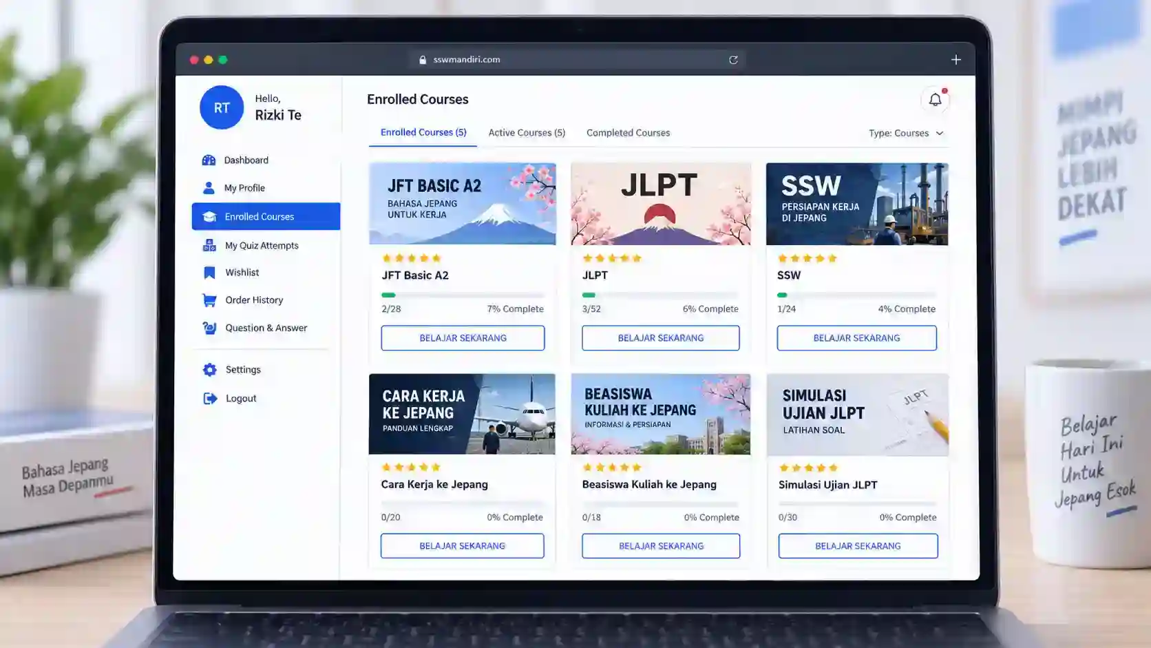 Contoh tampilan dashboard belajar SSW Mandiri berisi kursus JFT Basic A2, JLPT, SSW, Cara Kerja ke Jepang, dan Beasiswa Kuliah ke Jepang